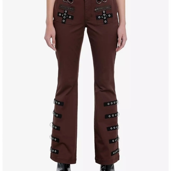 Hot Topic Social Collision Brown Contrast Grommet Strap Flare Pants Size 7 - Picture 1 of 12